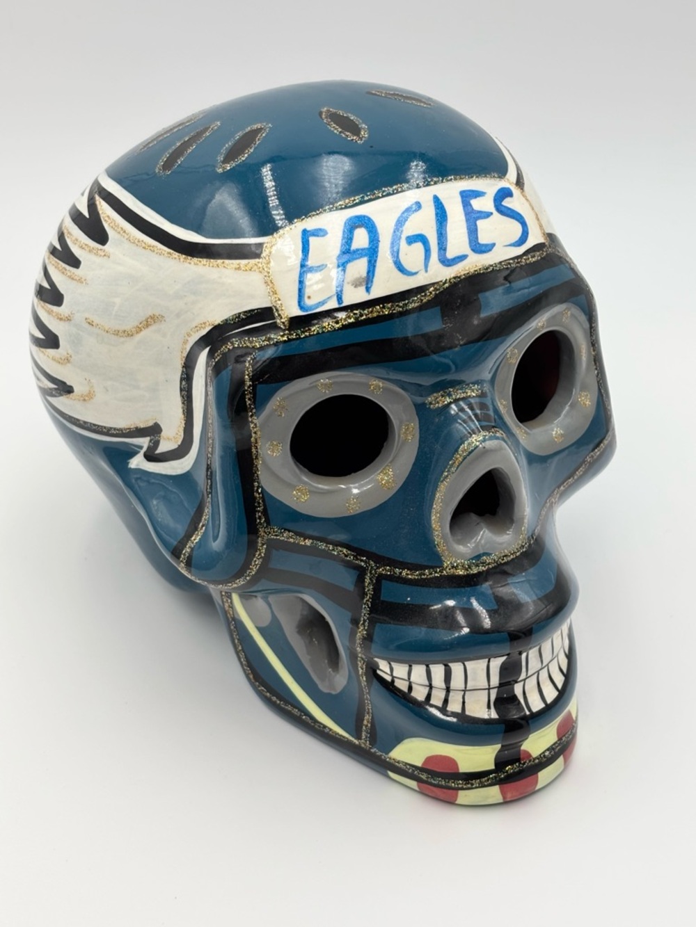 Philadelphia Eagles Hand Painted‎ Ceramic Skull Sculpture in Teal and White🦅